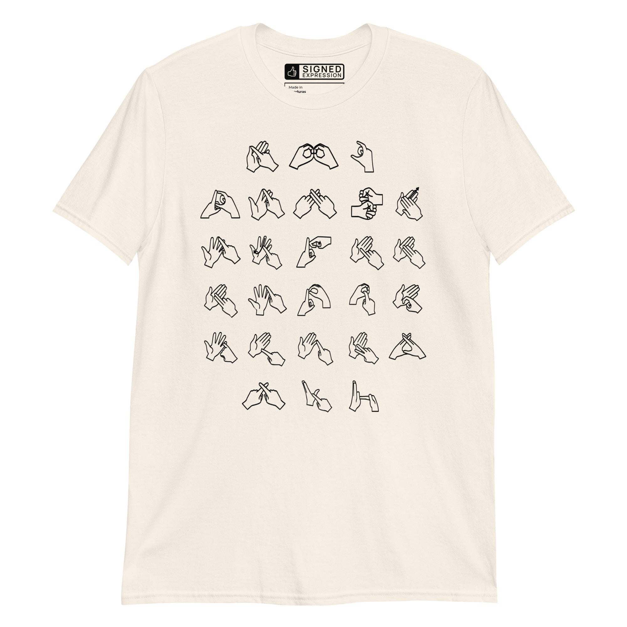 Front view of a natural t-shirt with BSL Alphabet - Black Fingerspelling