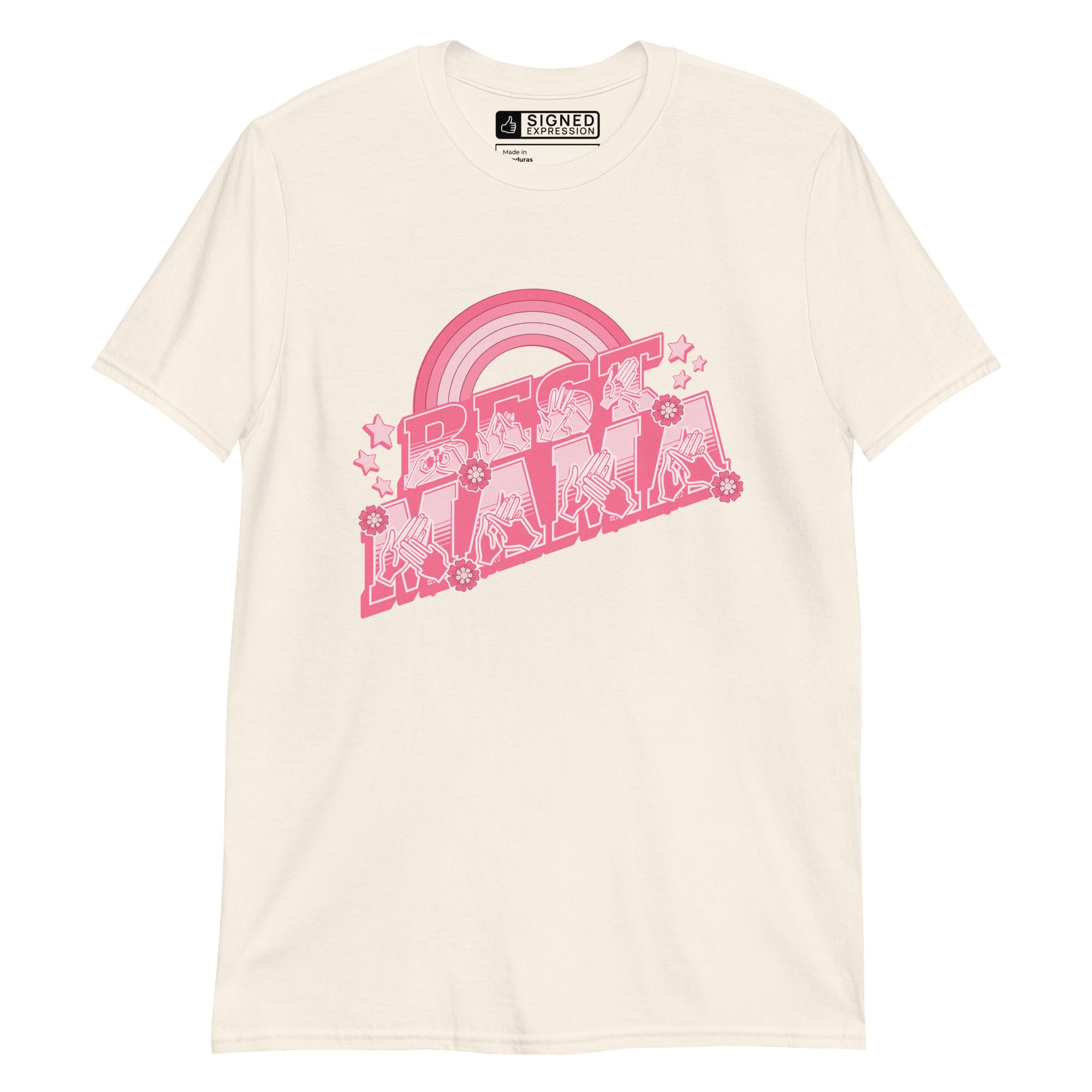 Natural T-shirt with ‘Best Mama’ shown in BSL fingerspelling and text, with rainbow, stars, and floral accents