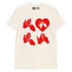 Natural coloured T-Shirt with the word Love in red BSL Fingerspelling with the 'O' embedded in a heart shape