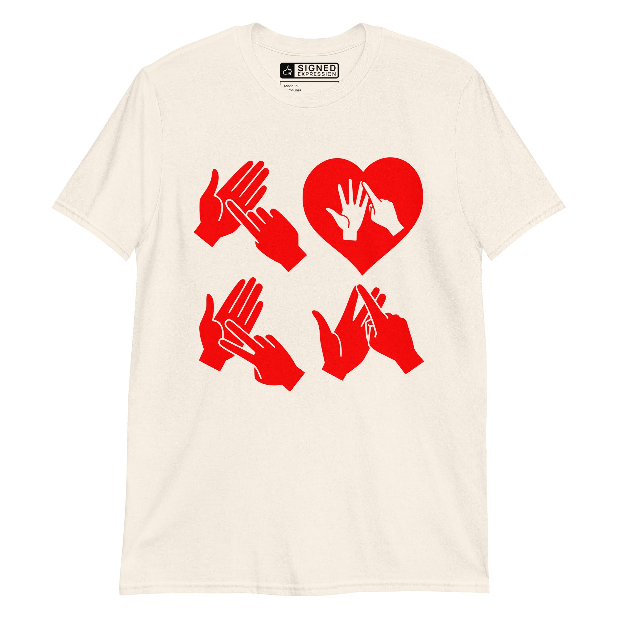 Natural coloured T-Shirt with the word Love in red BSL Fingerspelling with the 'O' embedded in a heart shape