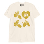 Natural coloured  T-Shirt with the word Love in gold BSL Fingerspelling with the 'O' embedded in a heart shape
