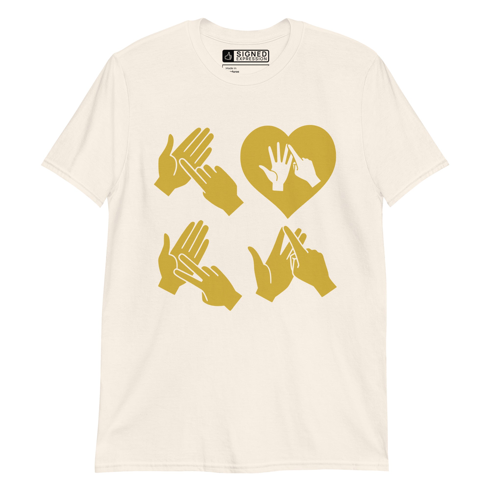 Natural coloured  T-Shirt with the word Love in gold BSL Fingerspelling with the 'O' embedded in a heart shape