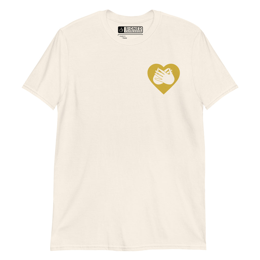 Natural coloured T-Shirt showing a gold coloured heart and the iconic BSL Love sign embedded in it on the left side of the chest