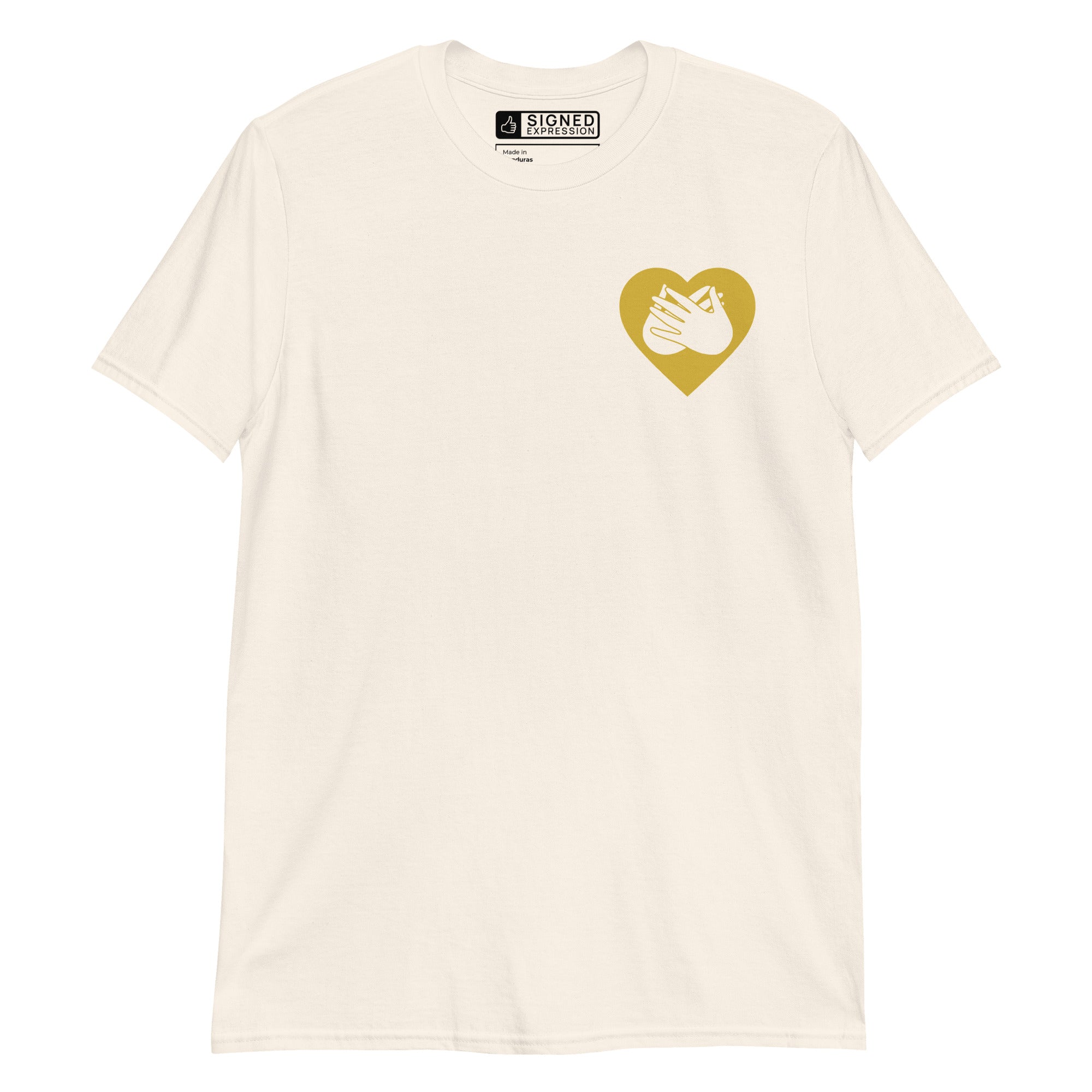 Natural coloured T-Shirt showing a gold coloured heart and the iconic BSL Love sign embedded in it on the left side of the chest
