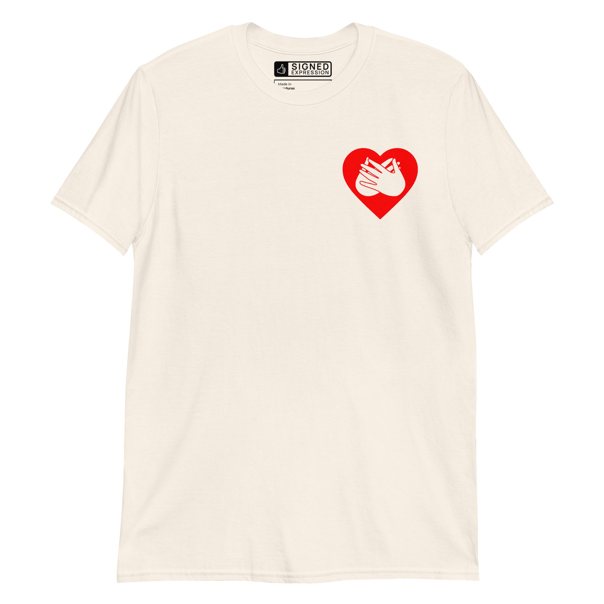 Natural coloured T-Shirt showing a red coloured heart and the iconic BSL Love sign embedded in it on the left side of the chest
