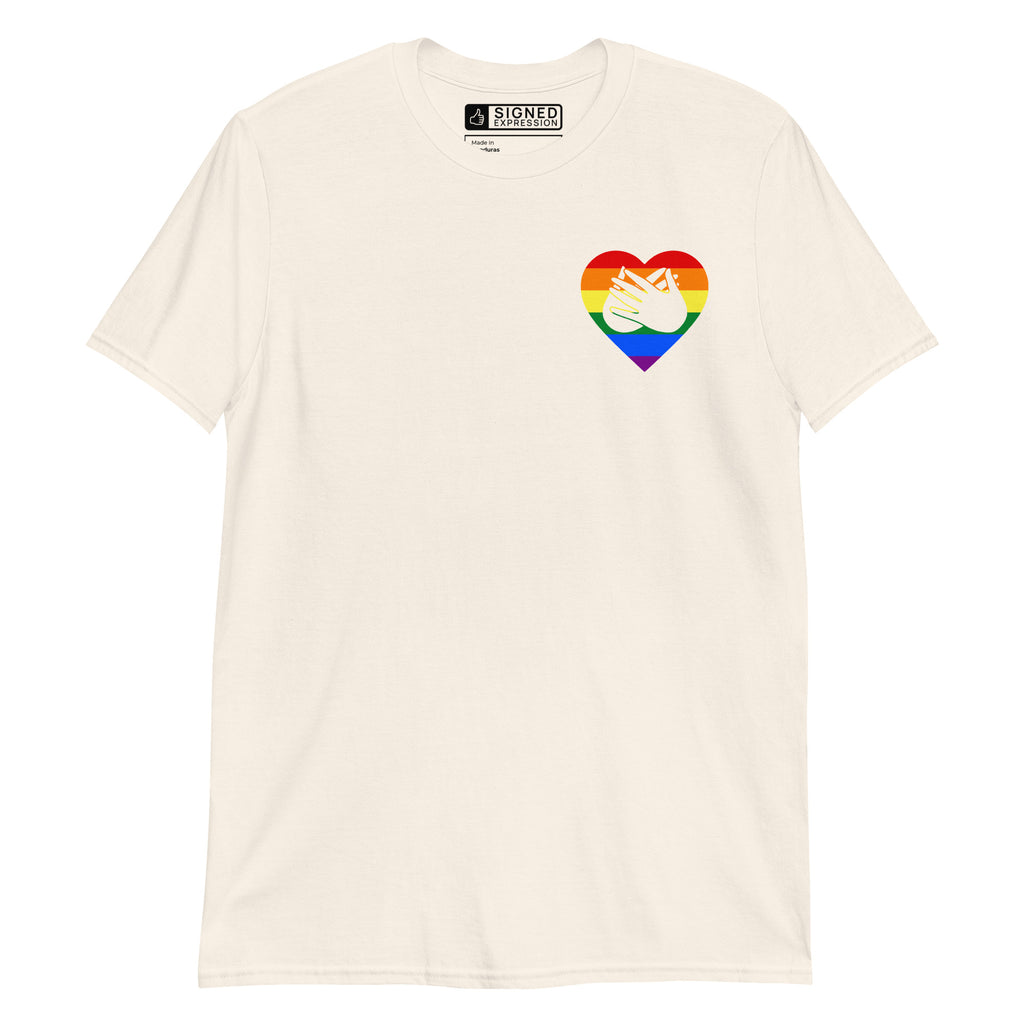 Natural coloured T-Shirt showing a pride coloured heart and the iconic BSL Love sign embedded in it on the left side of the chest