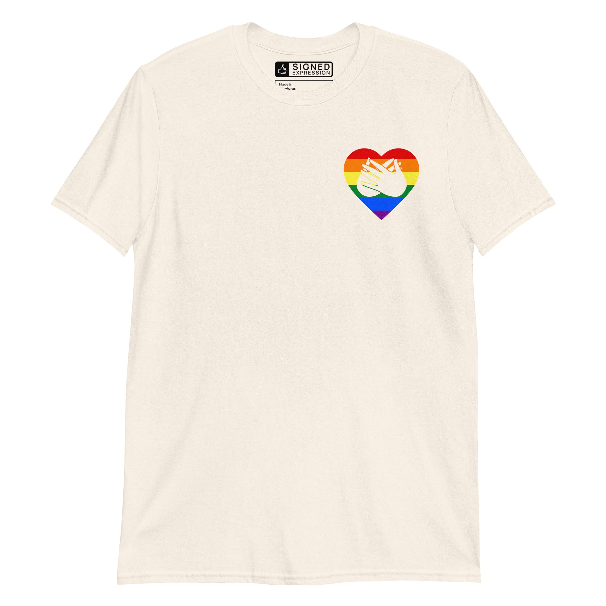 Natural coloured T-Shirt showing a pride coloured heart and the iconic BSL Love sign embedded in it on the left side of the chest