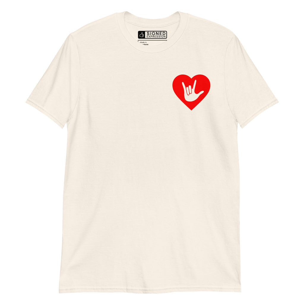 Natural coloured T-Shirt showing a red coloured heart and the iconic ASL I Love You sign embedded in it on the left side of the chest