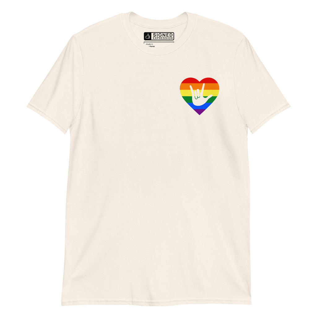 Natural coloured T-Shirt showing a pride coloured heart and the iconic ASL I Love You sign embedded in it on the left side of the chest