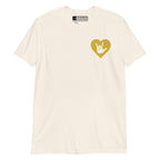 Natural coloured T-Shirt showing a gold coloured heart and the iconic ASL I Love You sign embedded in it on the left side of the chest