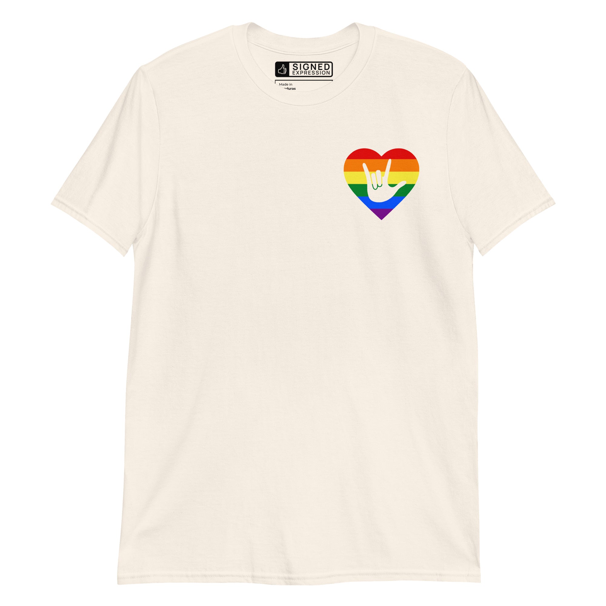 Natural colored T-Shirt showing a pride coloured heart and the iconic ASL I Love You sign embedded in it on the left side of the chest