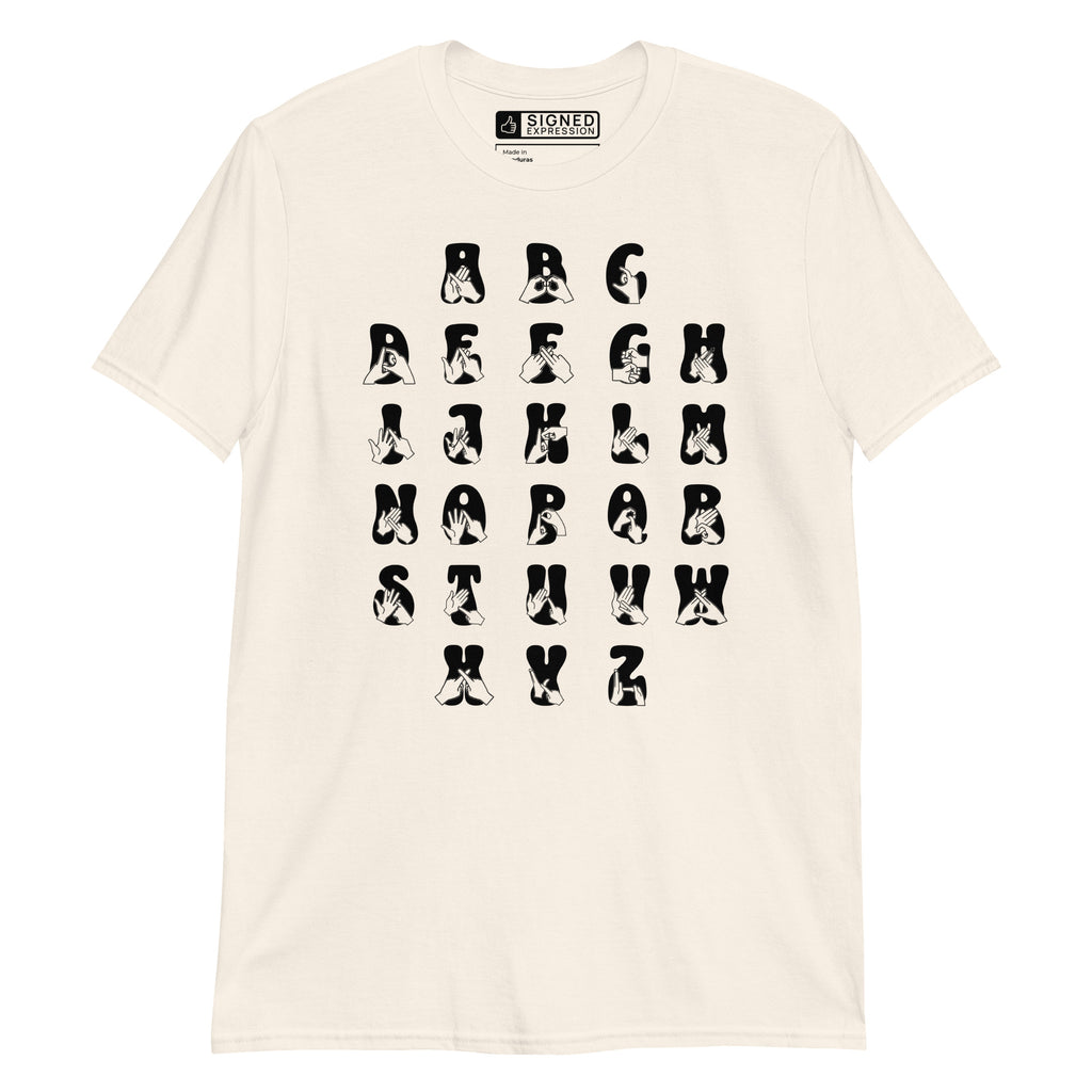 Front view of a natural t-shirt with BSL Alphabet - Black Fingerspelling & Text