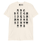 Front view of a natural t-shirt with BSL Alphabet - Black Fingerspelling & Text