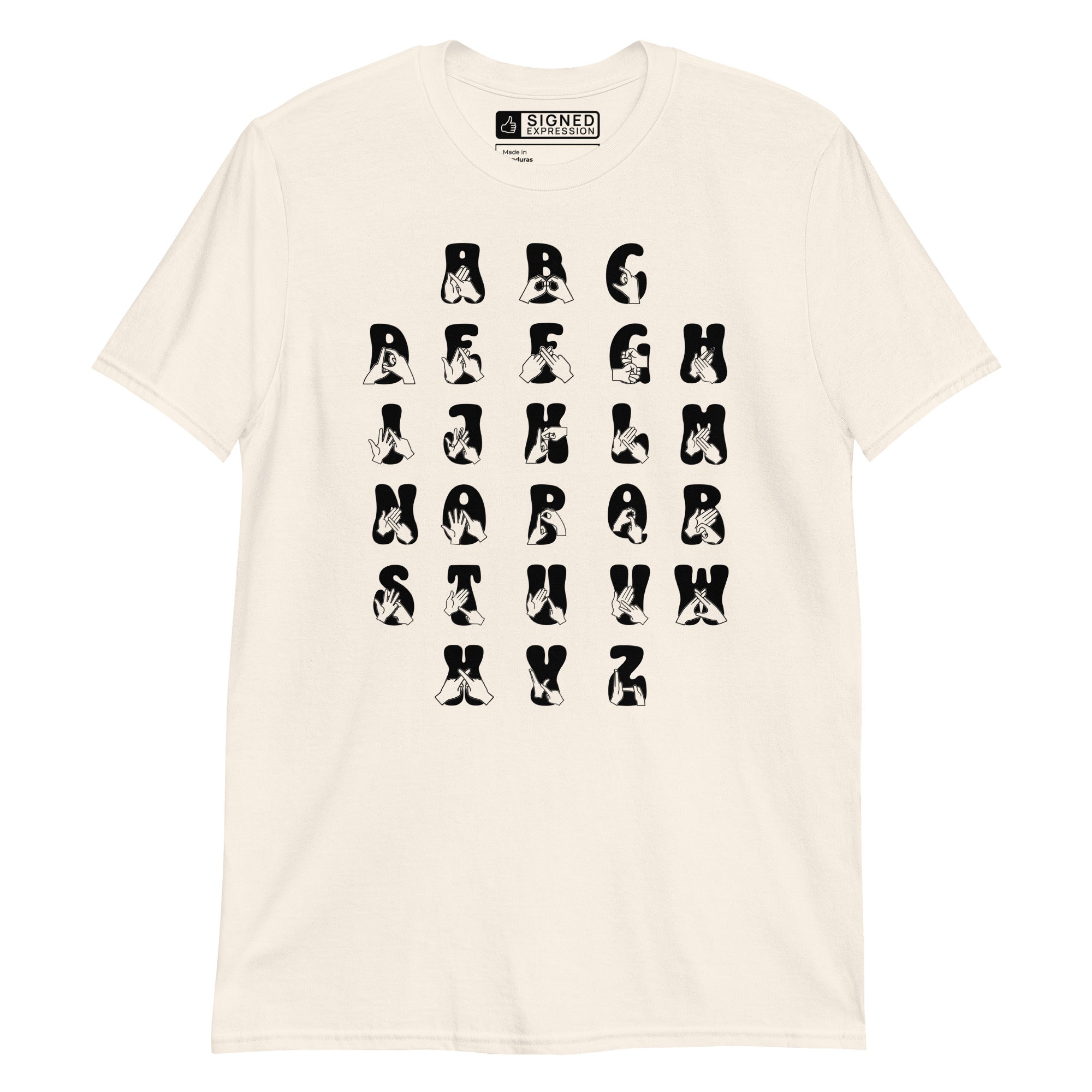 Front view of a natural t-shirt with BSL Alphabet - Black Fingerspelling & Text