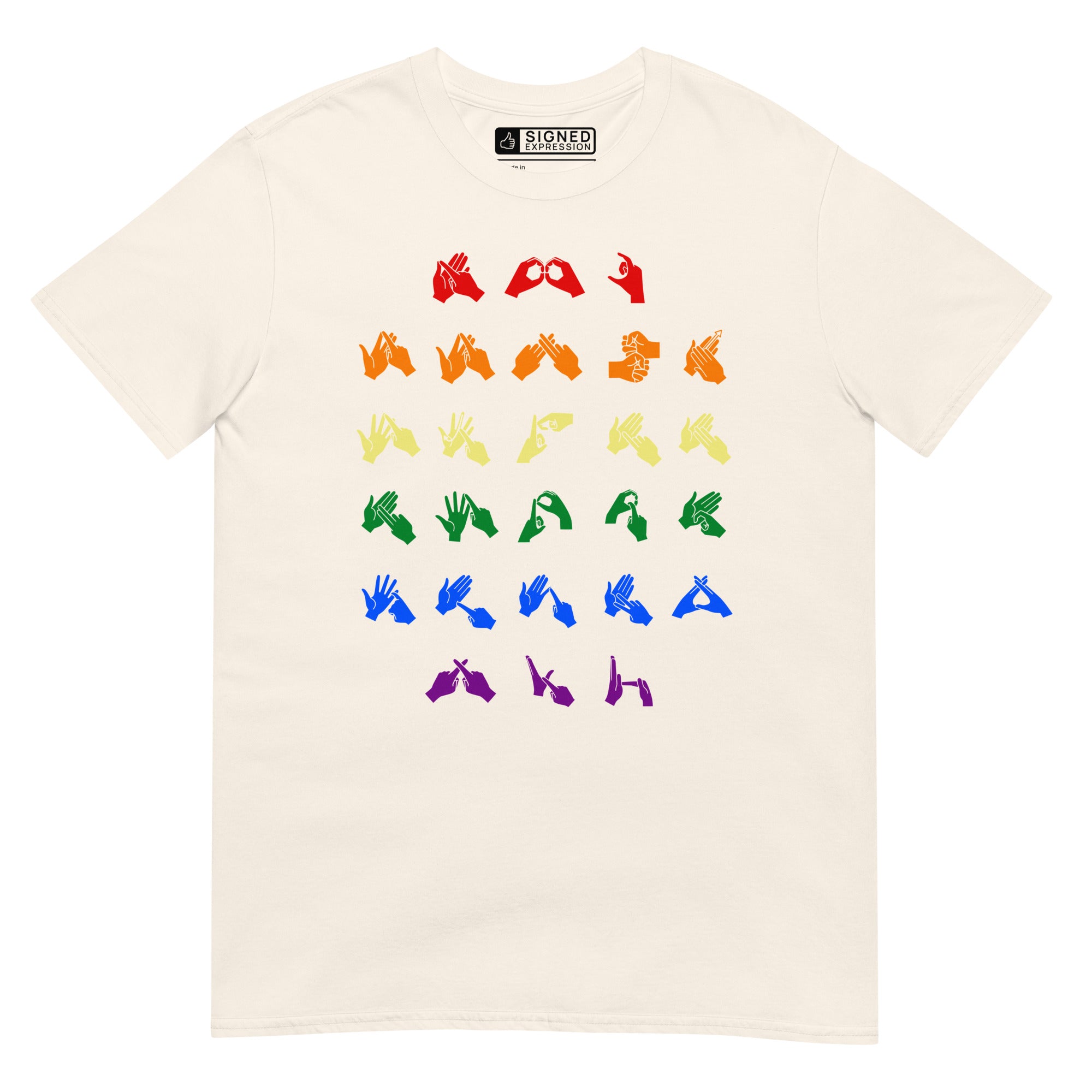 Front view of a natural t-shirt with BSL Alphabet - Pride Fingerspelling