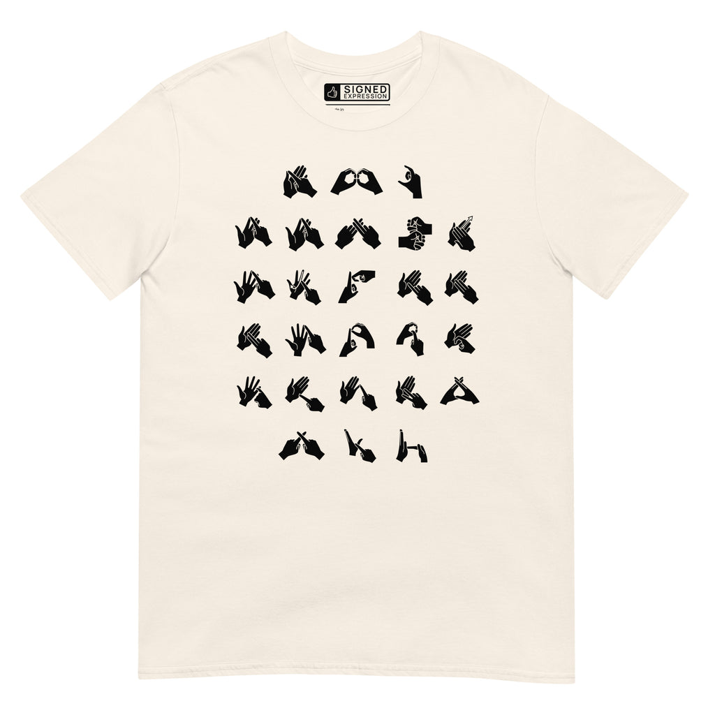 Front view of a natural t-shirt with BSL Alphabet - Black Fingerspelling
