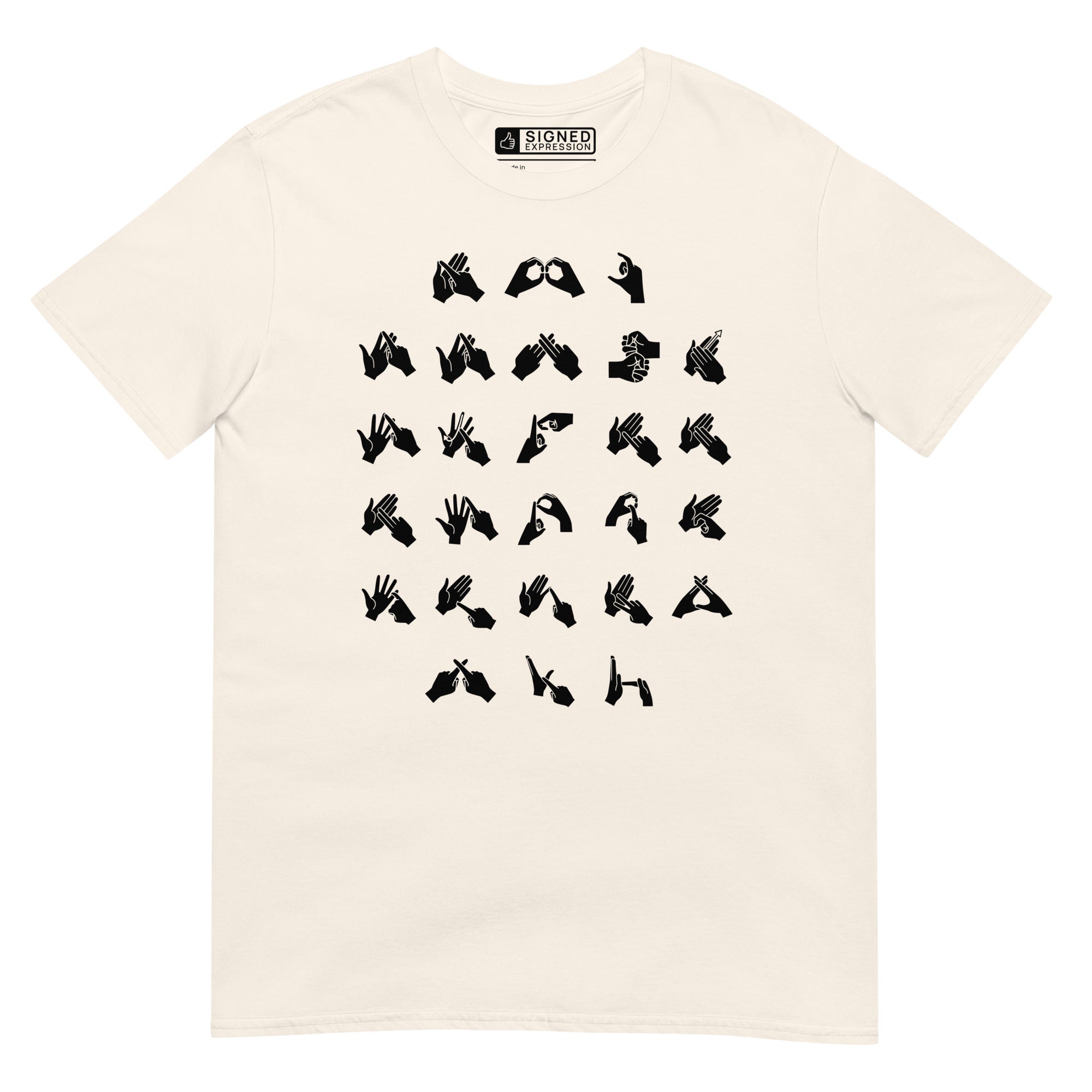 Front view of a natural t-shirt with BSL Alphabet - Black Fingerspelling