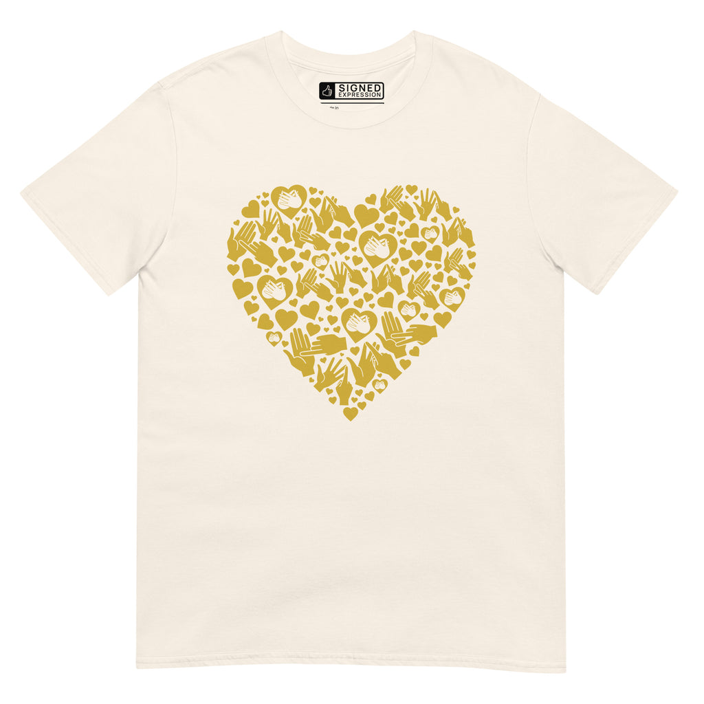 Natural coloured T-Shirt showing a gold coloured heart shaped mosaic formed from smaller love hearts, BSL fingerspelling that spells LOVE, and heart shapes embedded with the BSL sign for love