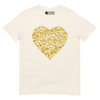 Natural coloured T-Shirt showing a gold coloured heart shaped mosaic formed from smaller love hearts, BSL fingerspelling that spells LOVE, and heart shapes embedded with the BSL sign for love