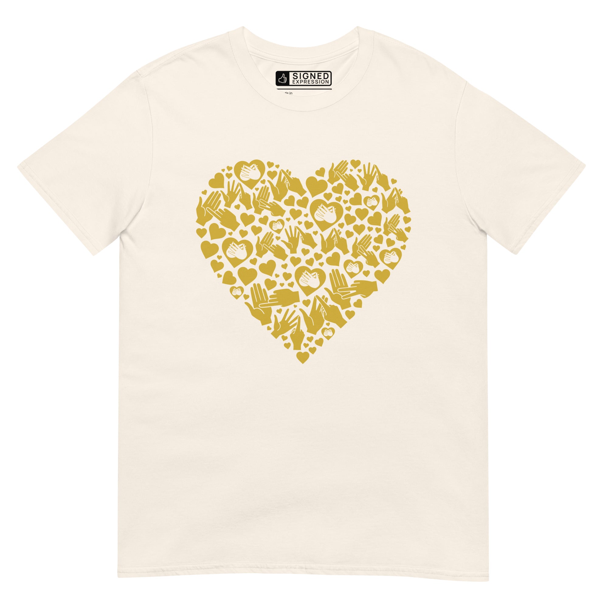 Natural coloured T-Shirt showing a gold coloured heart shaped mosaic formed from smaller love hearts, BSL fingerspelling that spells LOVE, and heart shapes embedded with the BSL sign for love