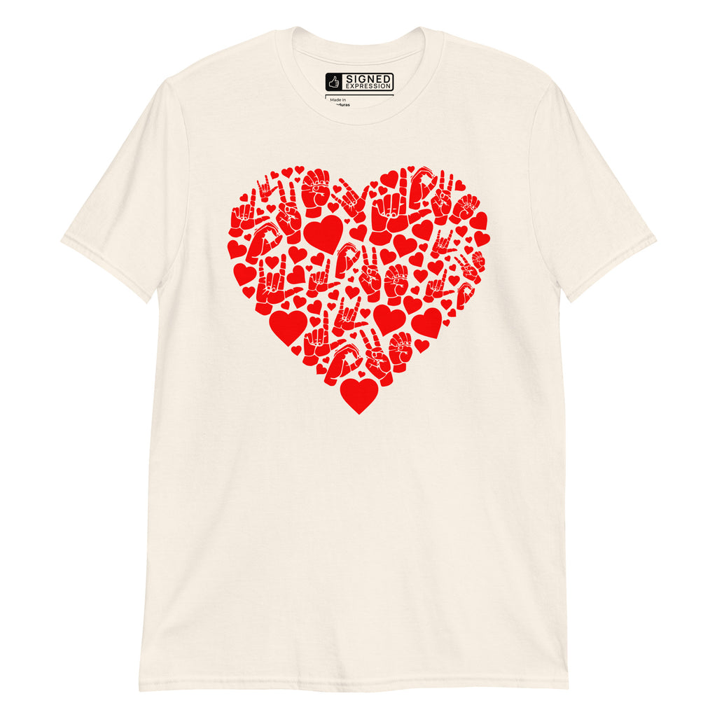 Natural coloured T-Shirt showing a red  coloured heart shaped mosaic formed from smaller love hearts, ASL fingerspelling that spells LOVE, and the ASL sign for I love you