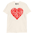 Natural coloured T-Shirt showing a red  coloured heart shaped mosaic formed from smaller love hearts, ASL fingerspelling that spells LOVE, and the ASL sign for I love you