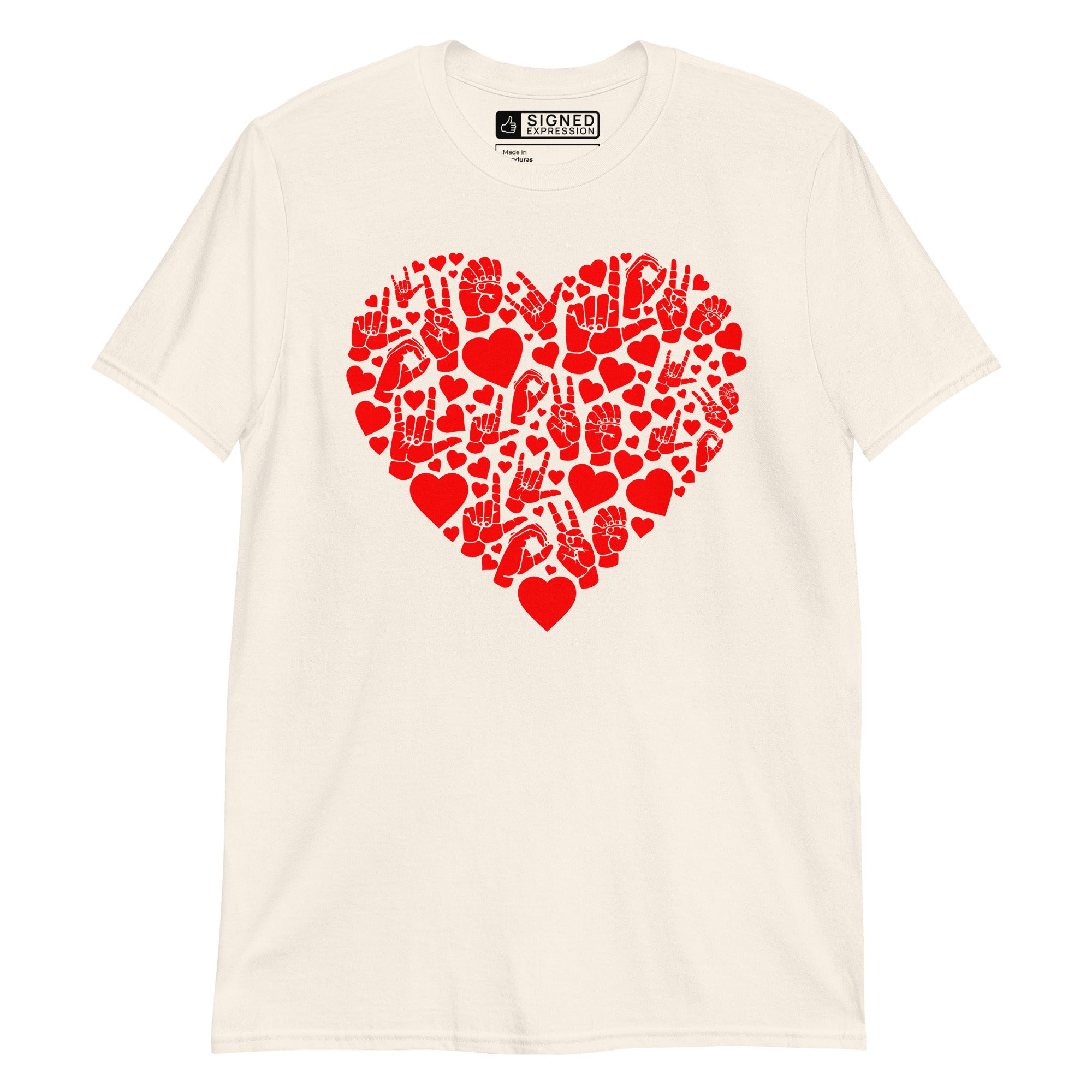 Natural coloured T-Shirt showing a red  coloured heart shaped mosaic formed from smaller love hearts, ASL fingerspelling that spells LOVE, and the ASL sign for I love you