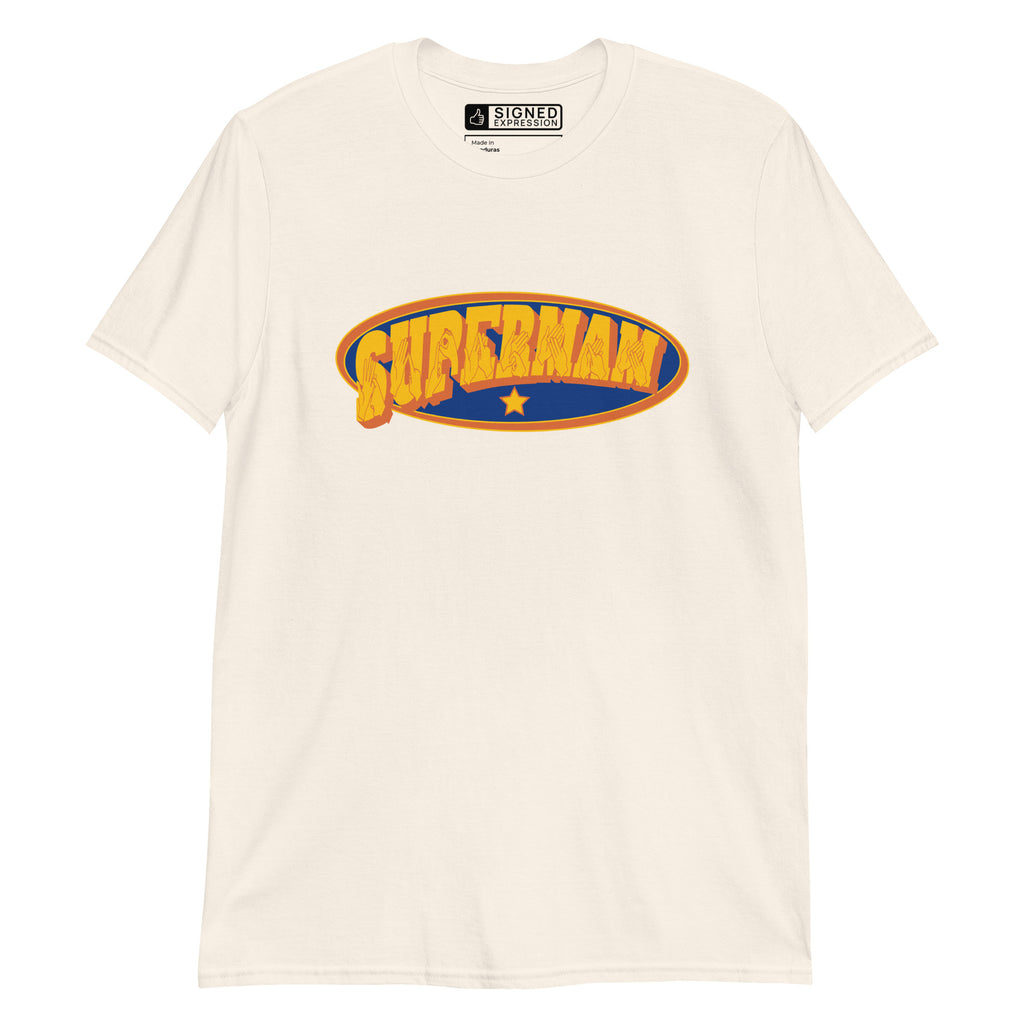 Natural coloured T-Shirt showing a Supermam BSL design