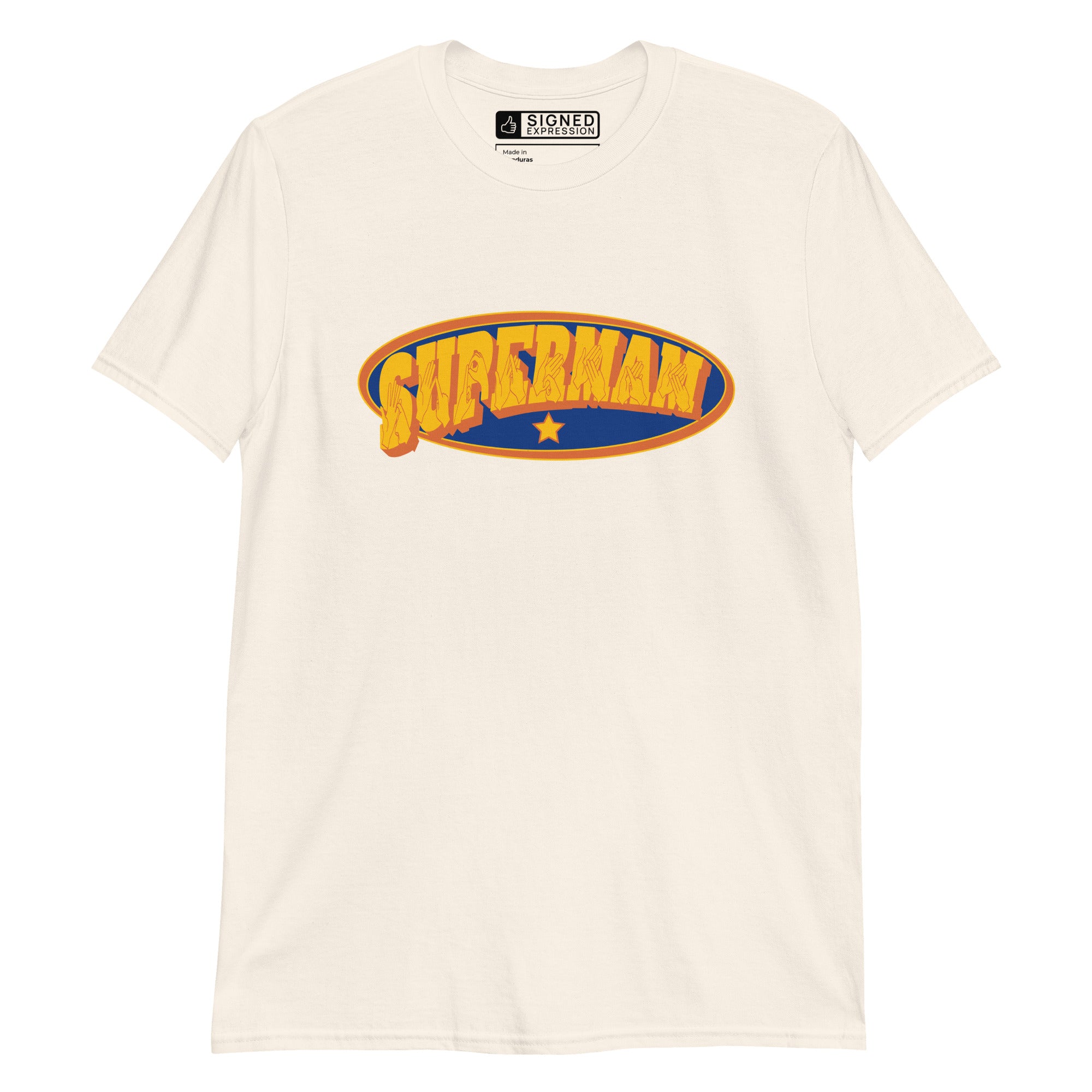Natural coloured T-Shirt showing a Supermam BSL design
