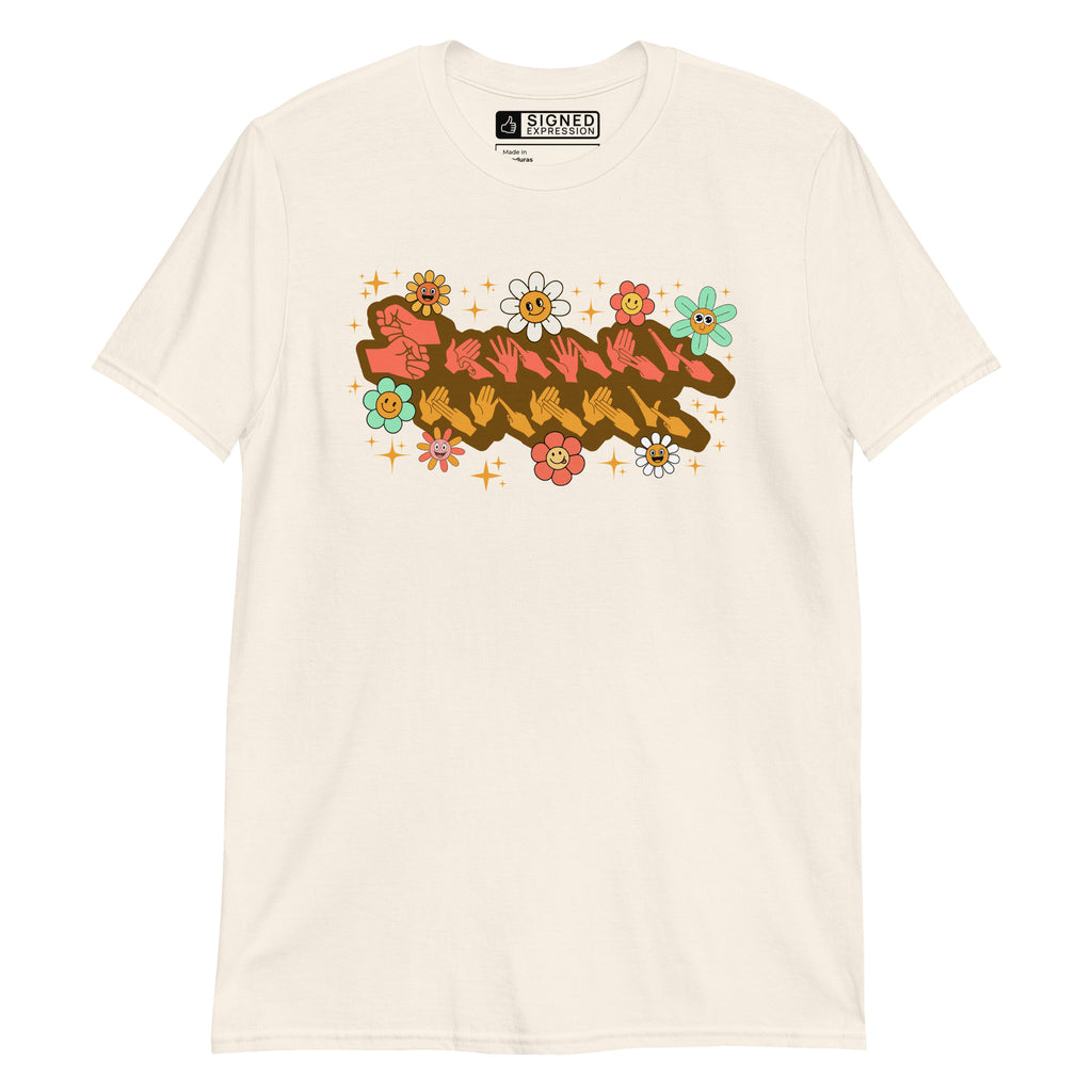 Natural coloured T-Shirt showing a Groovy Mummy BSL design