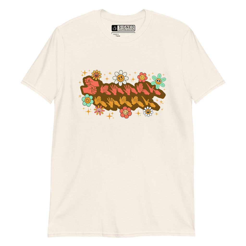 Natural coloured T-Shirt showing a Groovy Mommy BSL design