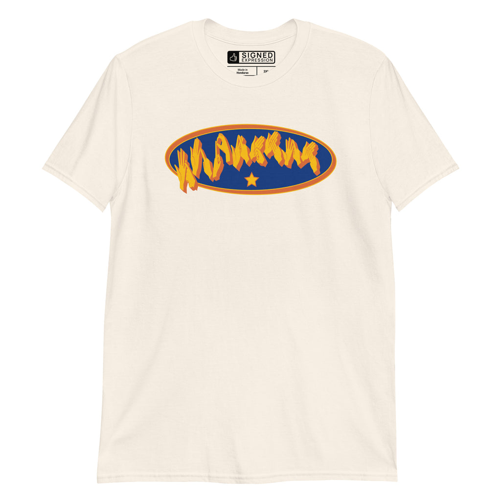 Natural coloured T-Shirt showing a Supermom BSL fingerspelling design