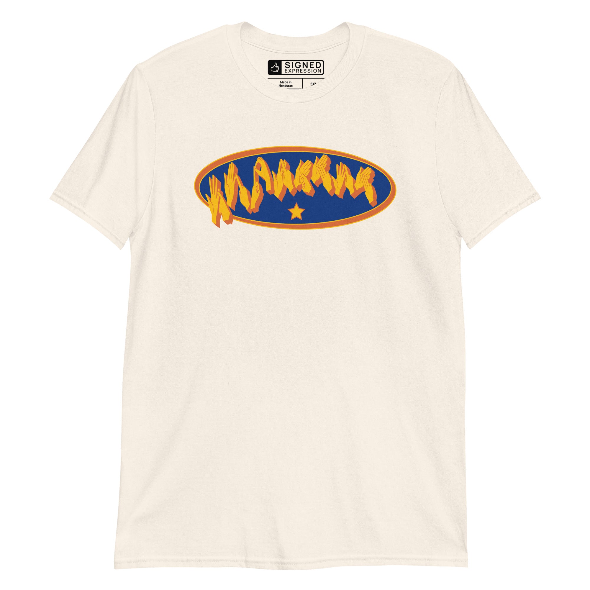 Natural coloured T-Shirt showing a Supermom BSL fingerspelling design