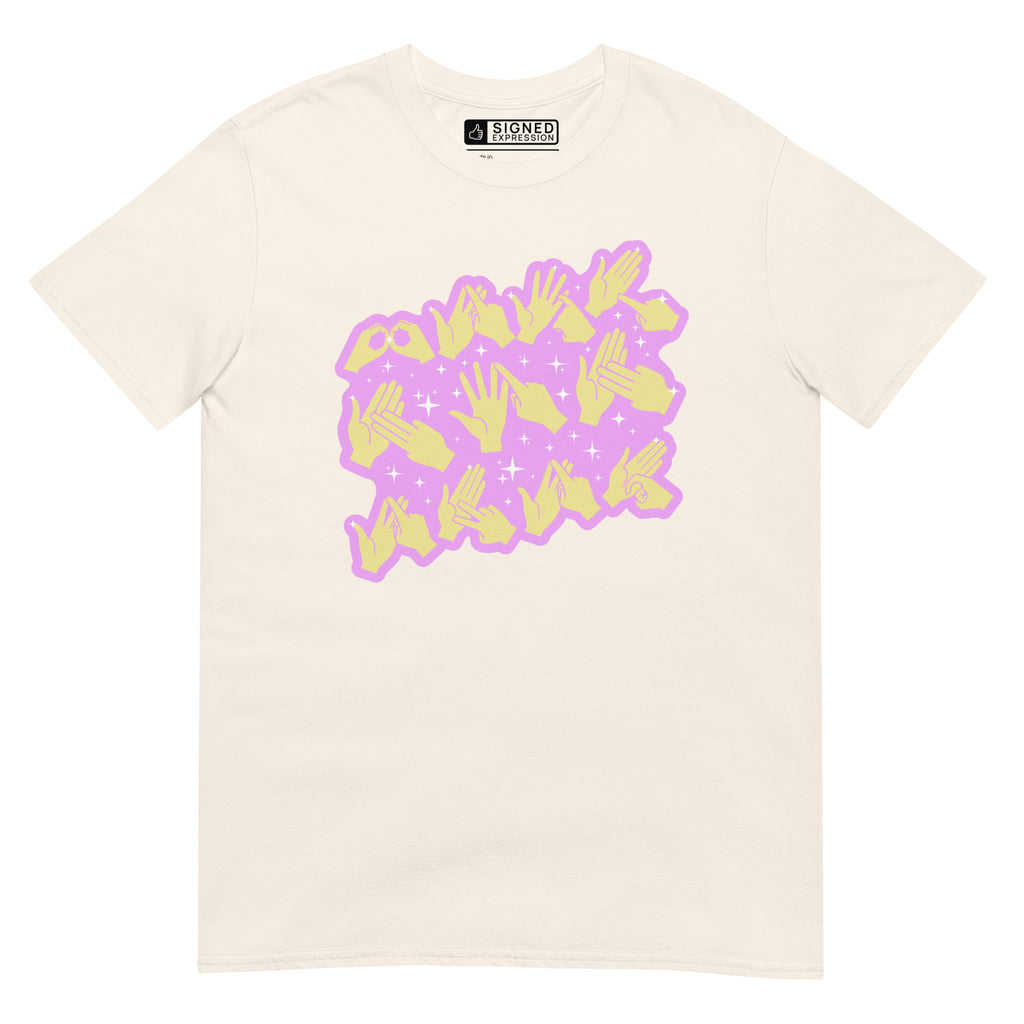 Natural coloured T-Shirt showing a Best Mom Ever BSL fingerspelling design