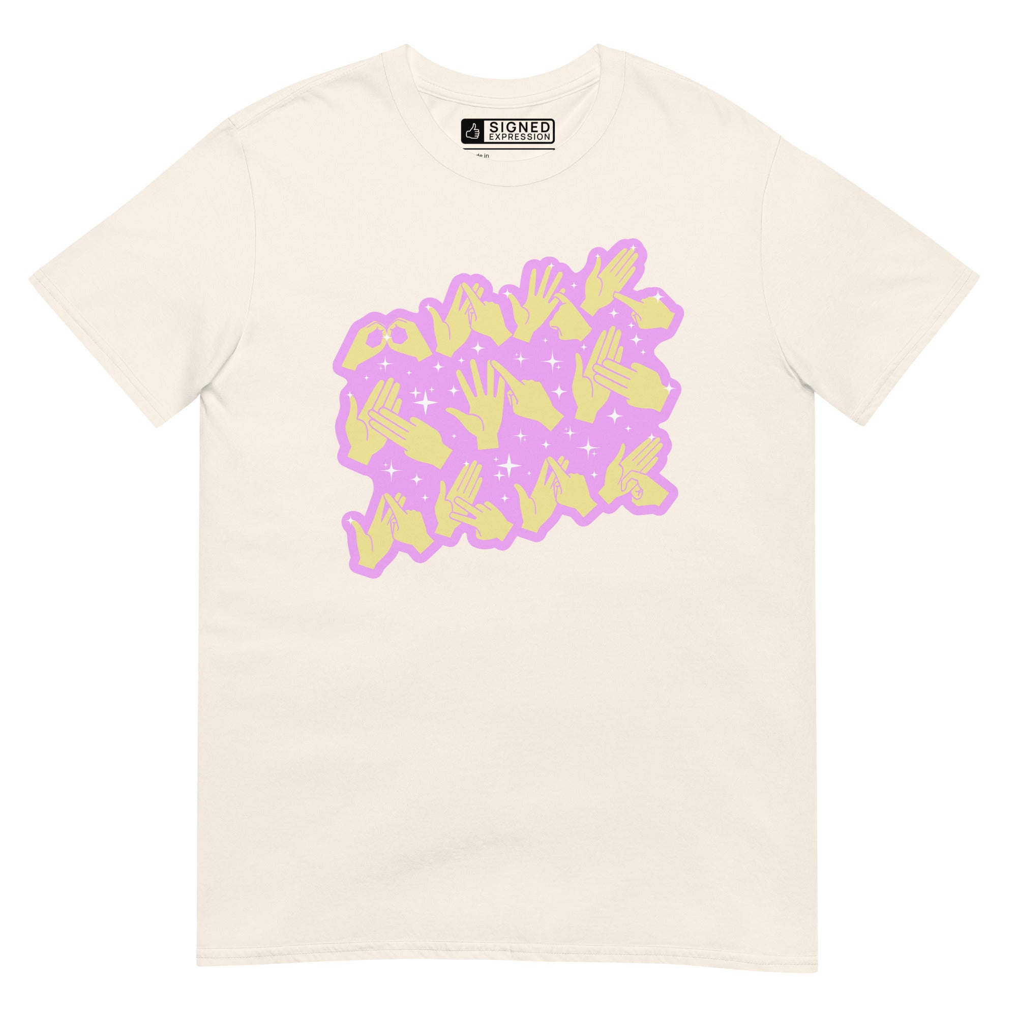 Natural coloured T-Shirt showing a Best Mom Ever BSL fingerspelling design