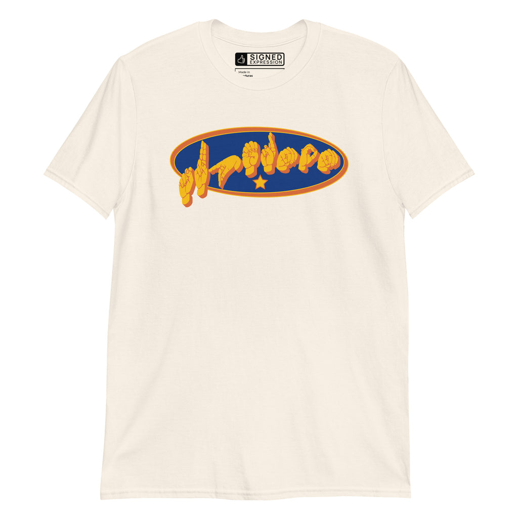 Natural colored T-Shirt showing a Supermom ASL fingerspelling design