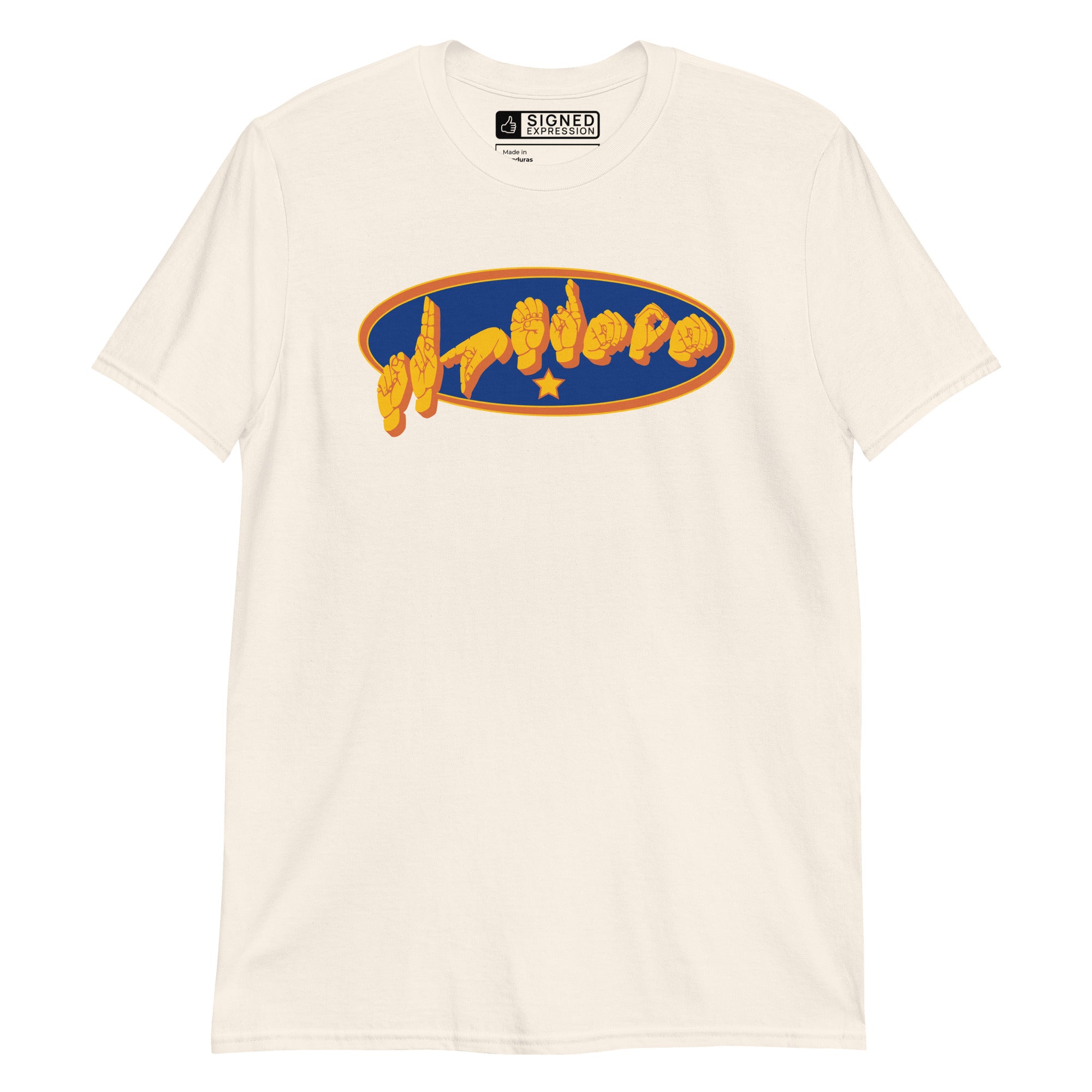 Natural colored T-Shirt showing a Supermom ASL fingerspelling design