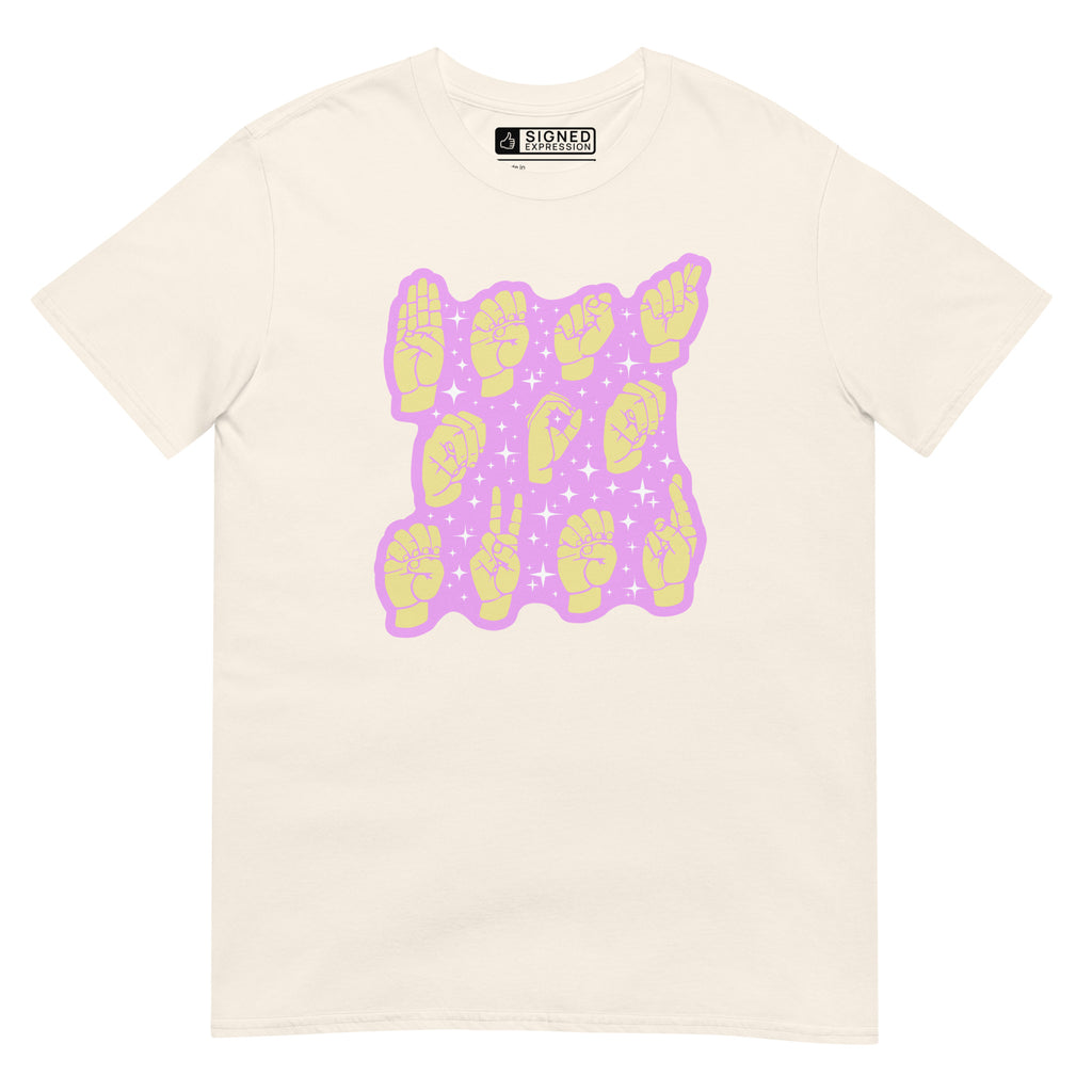 Natural colored T-Shirt showing a Best Mom Ever ASL fingerspelling design