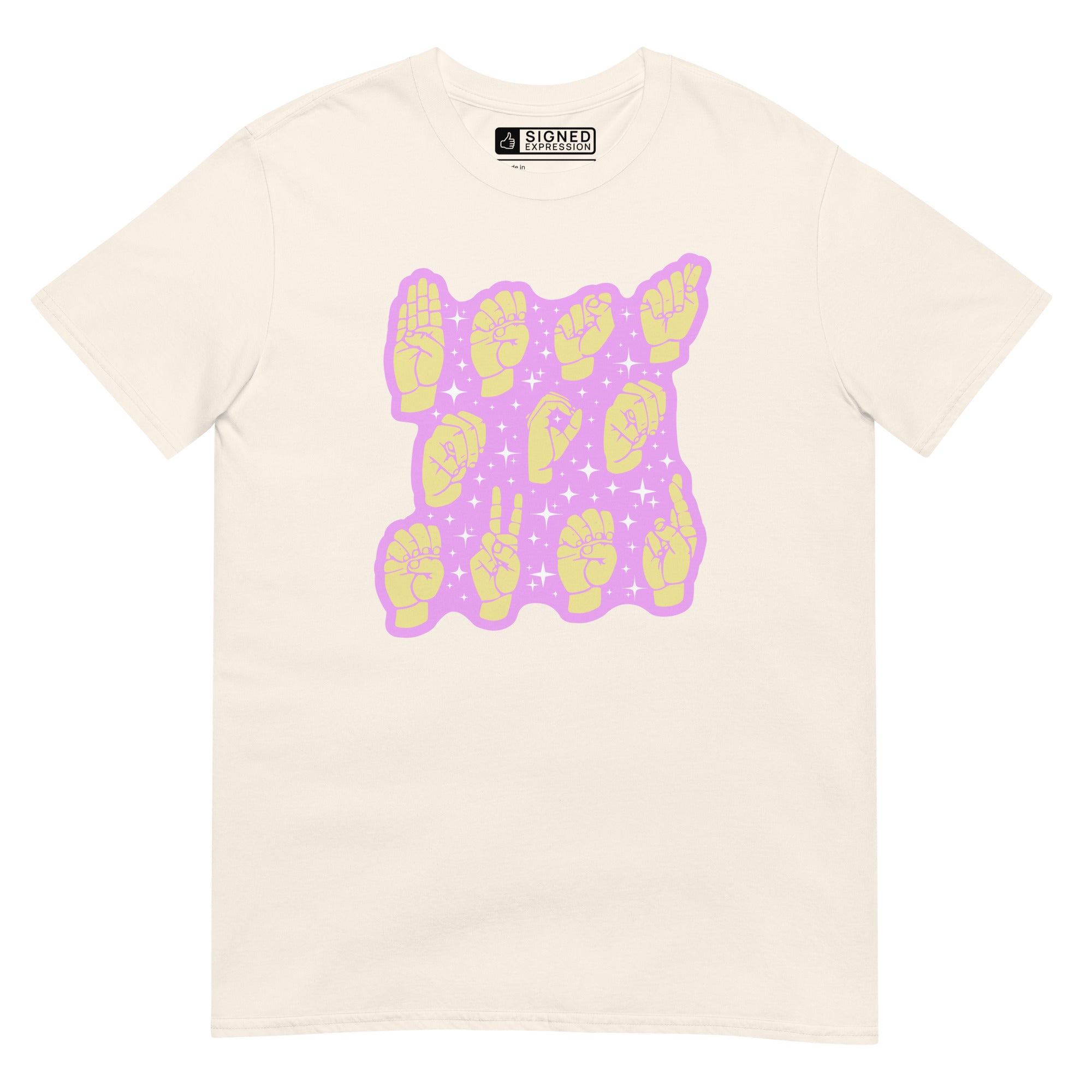 Natural colored T-Shirt showing a Best Mom Ever ASL fingerspelling design