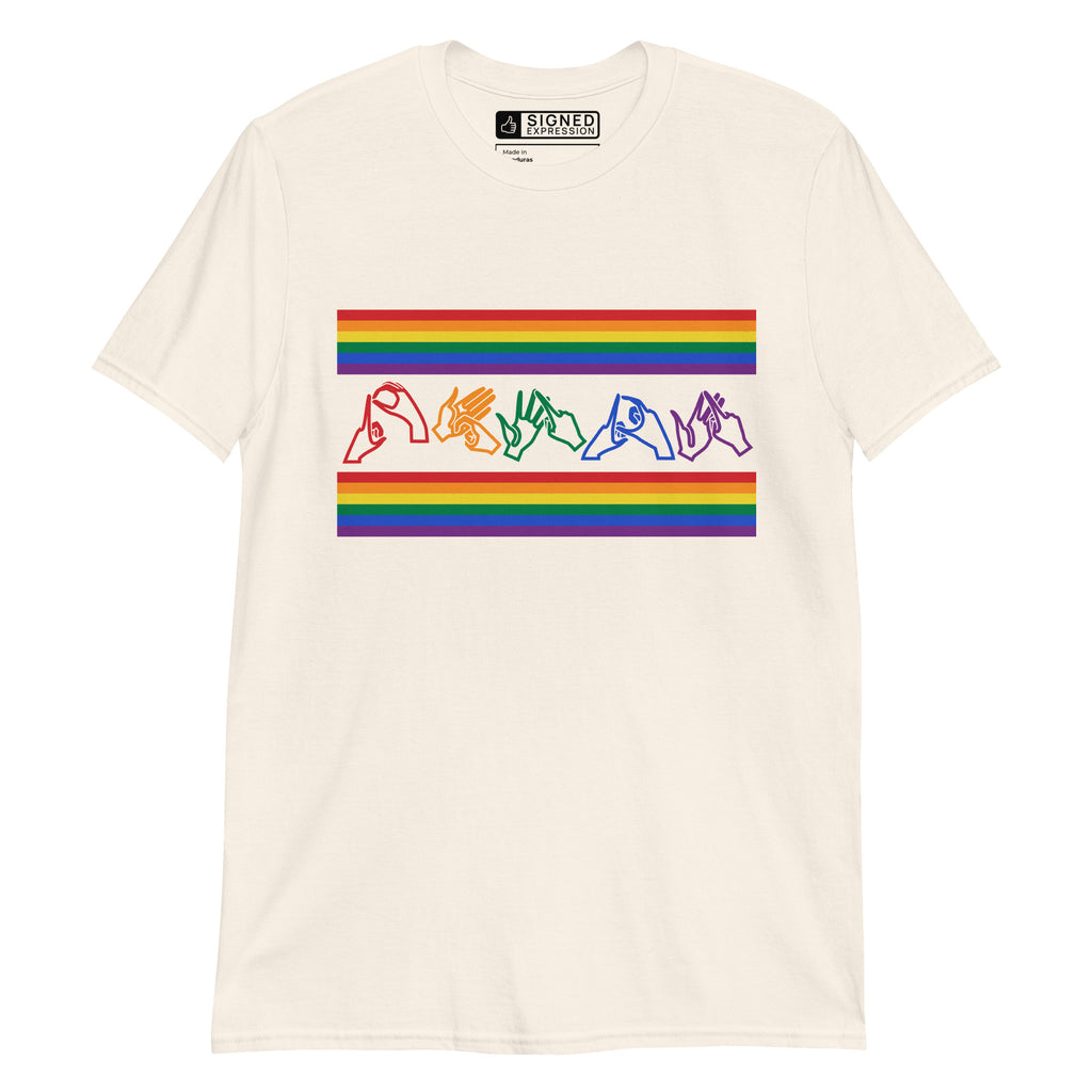 Natural t-shirt with pride rainbow stripes and the word pride in BSL fingerspelling