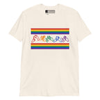 Natural t-shirt with pride rainbow stripes and the word pride in BSL fingerspelling