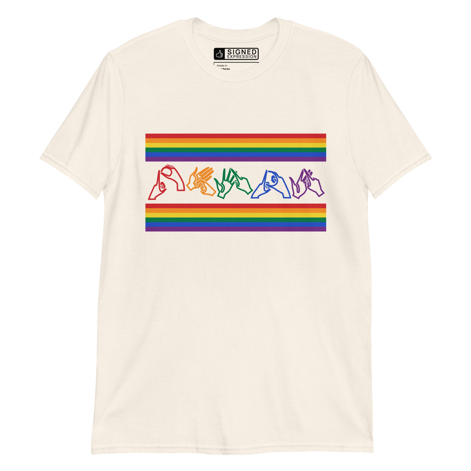 Natural t-shirt with pride rainbow stripes and the word pride in BSL fingerspelling