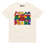 Natural t-shirt with pride rainbow stripes, colourful kissing lips and the word pride in BSL fingerspelling
