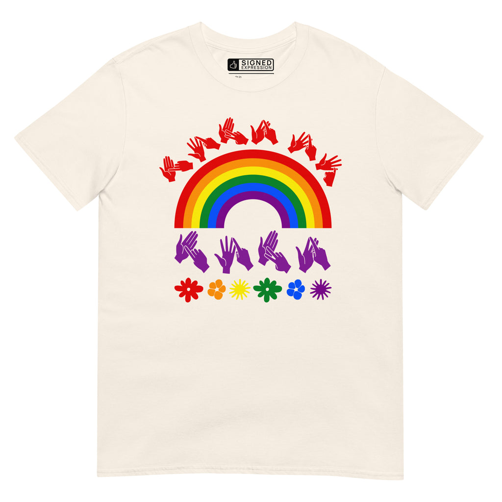 Natural t-shirt with pride rainbow surrounded by the phrase "Love Is Love" in BSL fingerspelling