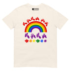 Natural t-shirt with pride rainbow surrounded by the phrase "Love Is Love" in BSL fingerspelling