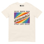 Natural t-shirt with pride rainbow spectrum of colours with the word Equality through the centre in BSL fingerspelling font