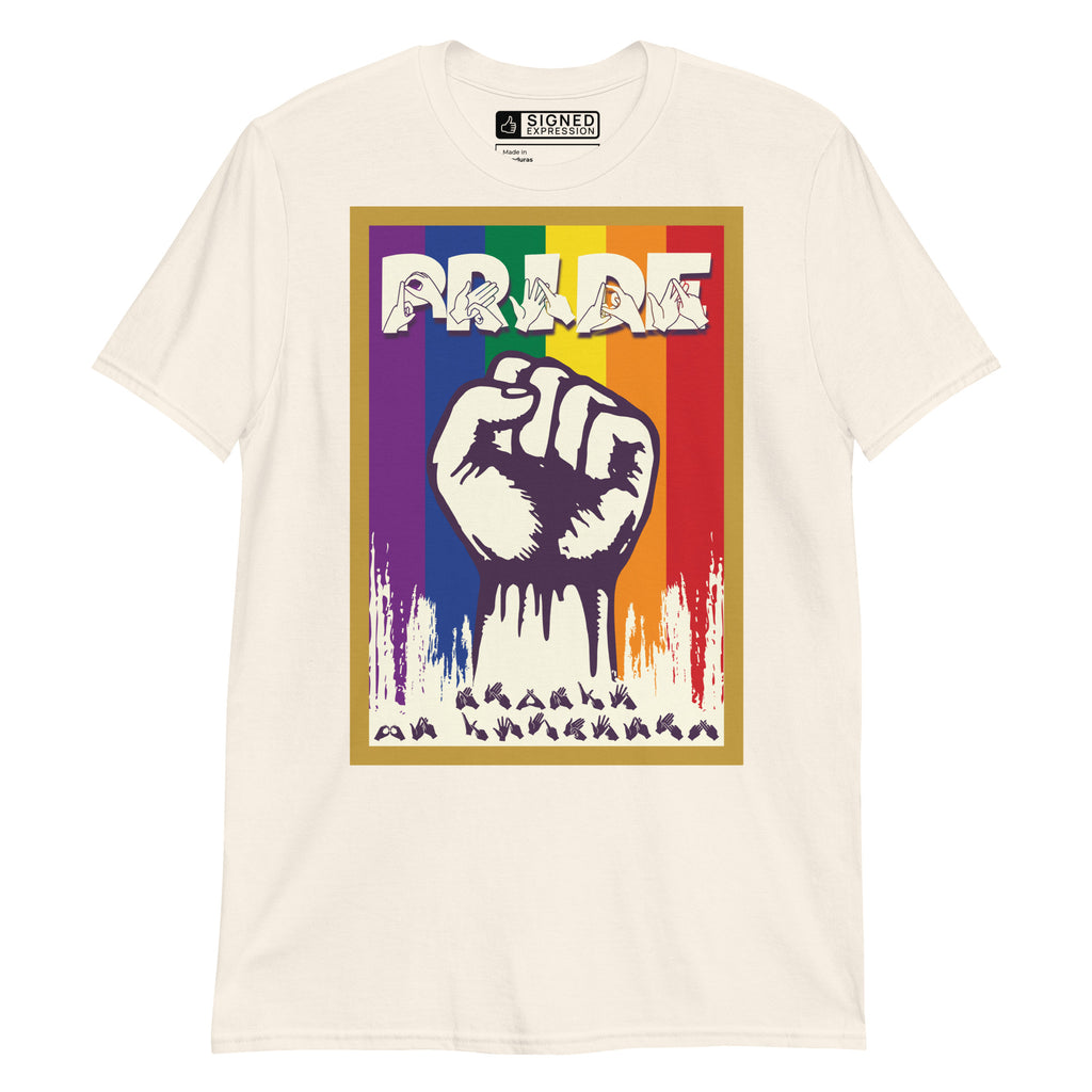 Natural t-shirt with pride solidarity design with BSL fingerspelling font