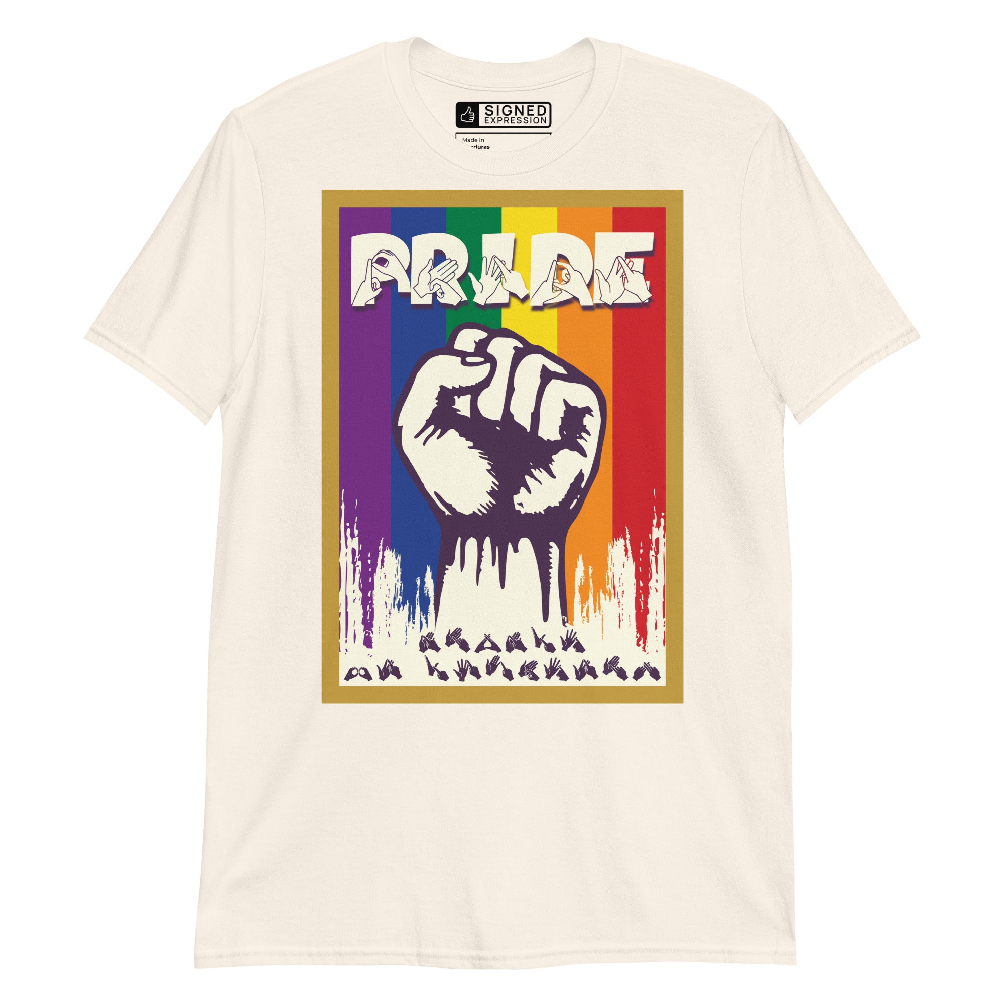 Natural t-shirt with pride solidarity design with BSL fingerspelling font
