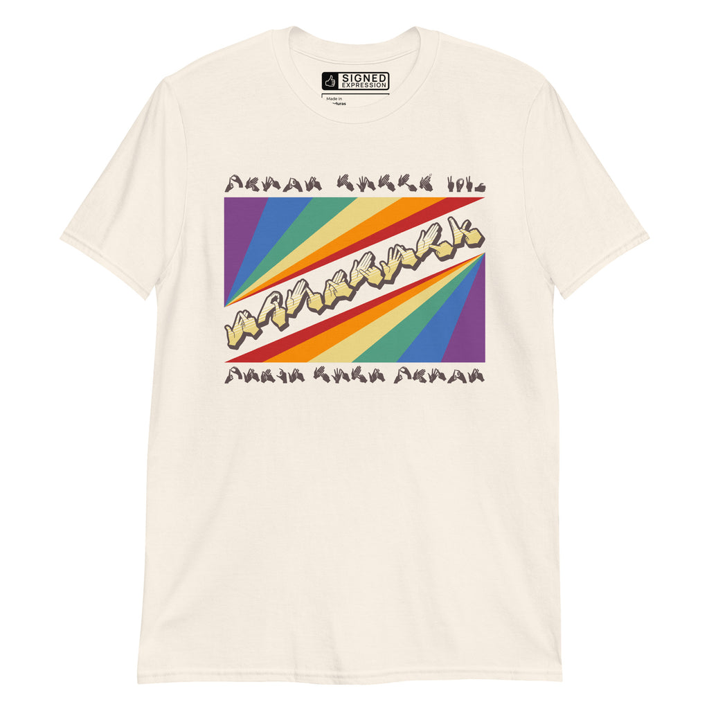 Natural t-shirt with pride rainbow spectrum of colours with the word Equality through the centre in BSL fingerspelling