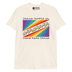 Natural t-shirt with pride rainbow spectrum of colours with the word Equality through the centre in BSL fingerspelling